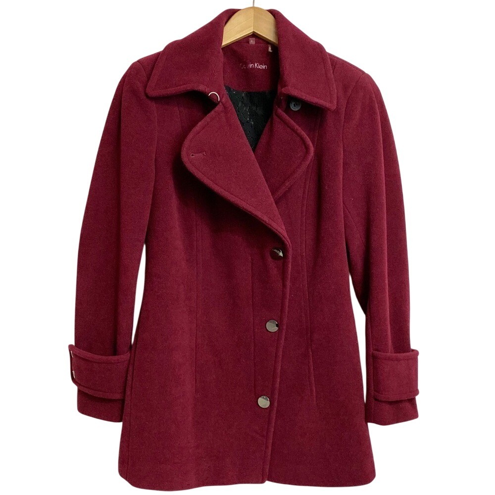 Calvin Klein Womens Burgundy Wool Blend Asymmetrical Lace Back Peacoat Size 6